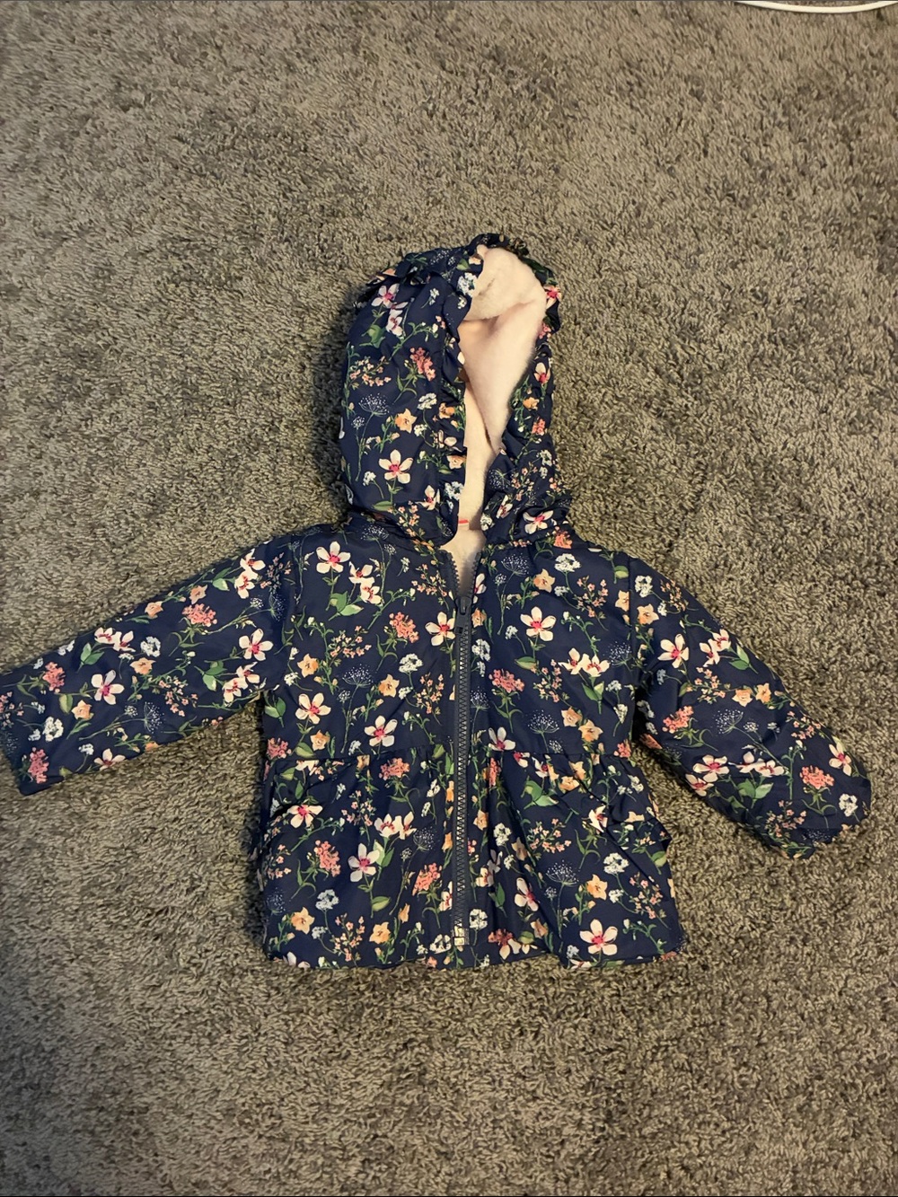 Penelope Mack Navy Floral Hooded Puffer Jacket with Pink Lining Size 12M EUC
